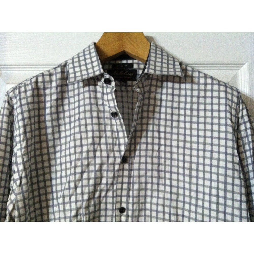 MICHELSONS MENS WHITE 100%COTTON SLIM FIT PLAID DRESS SHIRT SIZE: 16/32-33